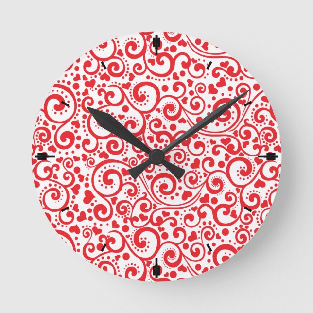 Valentines - Red Hearts & Swirls Seamless Round Clock (Front)