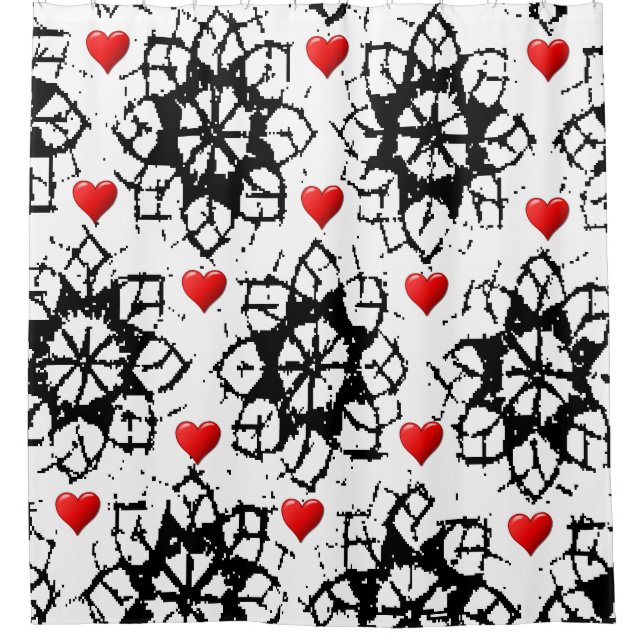 valentines Red hearts white black shower curtain (Front)