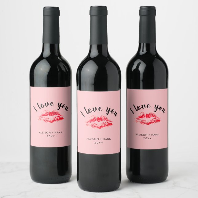 Valentines Red Kiss I Love You Personalised Wine Label (Bottles)