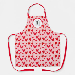 Valentines Red Pink Doodle Hearts Pattern Monogram Apron