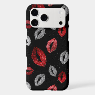 Valentines Red Silver Glitter Lips on Black 