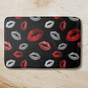 Valentines Red Silver Glitter Lips on Black Bath Mat