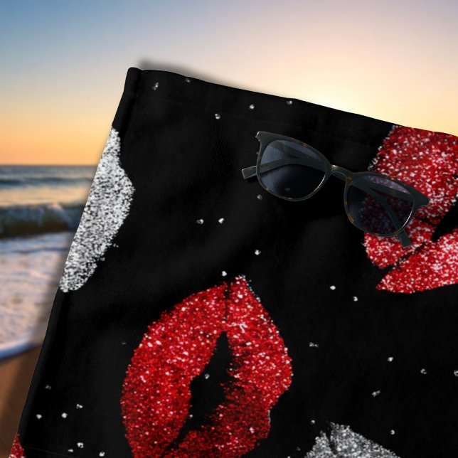 Valentines Red Silver Glitter Lips on Black  Beach Towel (Creator Uploaded)