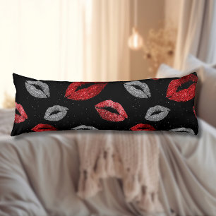 Valentines Red Silver Glitter Lips on Black Body Cushion