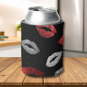 Valentines Red Silver Glitter Lips on Black  Can Cooler