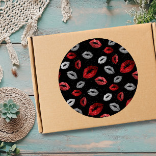 Valentines Red Silver Glitter Lips on Black  Classic Round Sticker