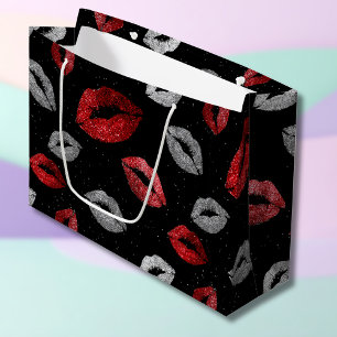 Valentines Red Silver Glitter Lips on Black Large Gift Bag