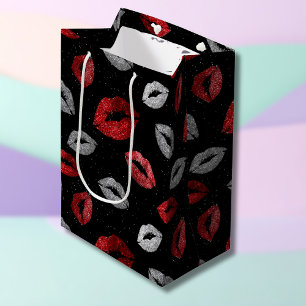 Valentines Red Silver Glitter Lips on Black Medium Gift Bag