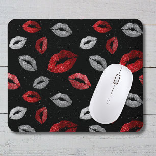 Valentines Red Silver Glitter Lips on Black  Mouse Mat