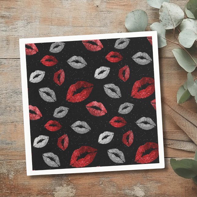 Valentines Red Silver Glitter Lips on Black  Napkin (Creator Uploaded)