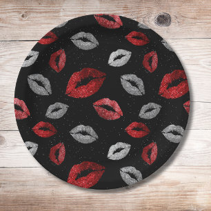 Valentines Red Silver Glitter Lips on Black Paper Plate
