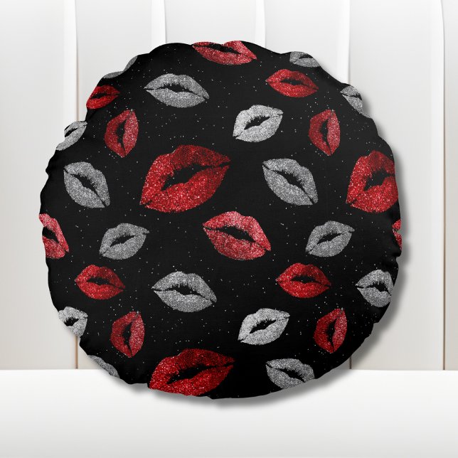 Valentines Red Silver Glitter Lips on Black  Round Cushion (Creator Uploaded)