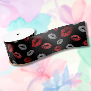 Valentines Red Silver Glitter Lips on Black Satin Ribbon