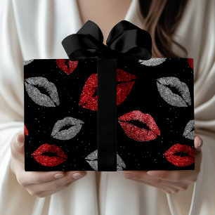 Valentines Red Silver Glitter Lips on Black Wrapping Paper