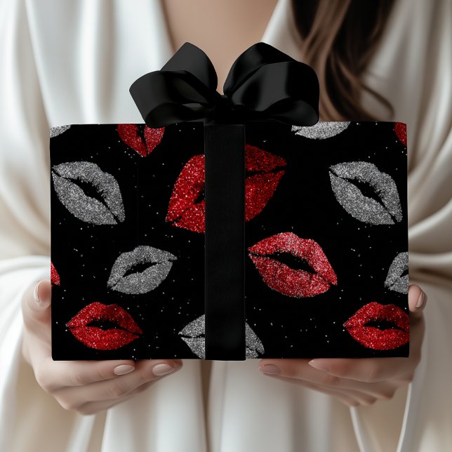 Valentines Red Silver Glitter Lips on Black  Wrapping Paper (Creator Uploaded)