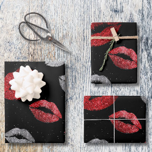 Valentines Red Silver Glitter Lips on Black Wrapping Paper Sheet