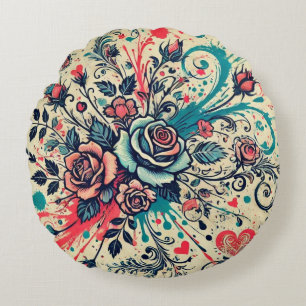 Valentines Roses / Pink & Teal / Splatter Art Round Cushion