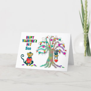 Valentine's Son Kids Monkey and Heart Tree Fun  Ca Card