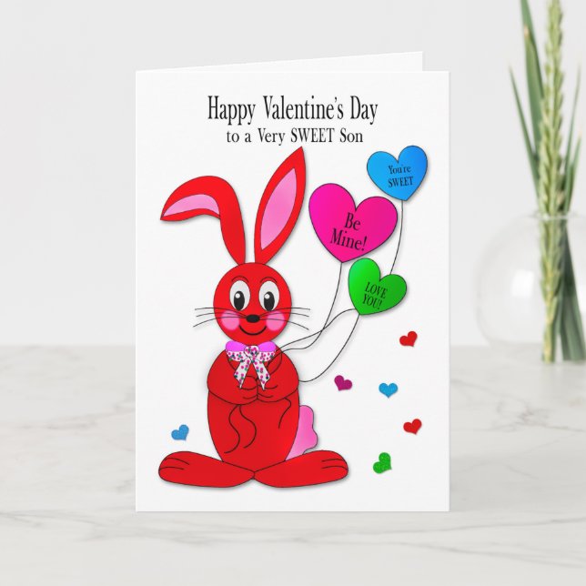 Valentines  Son Red Bunny Heart Balloons Card (Front)