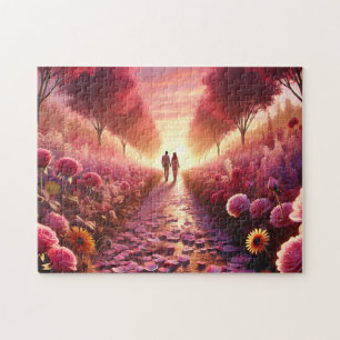Valentine's Sunset Flower Path Romantic Couple Jigsaw Puzzle