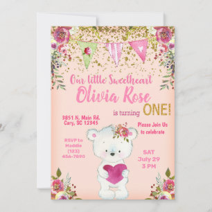 Valentines teddy bear 1st first birthday invite. invitation
