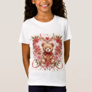 Valentine's ,Teddy Bear,Pink Love Heart and Flower T-Shirt