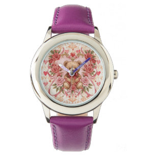 Valentine's ,Teddy Bear,Pink Love Heart and Flower Watch
