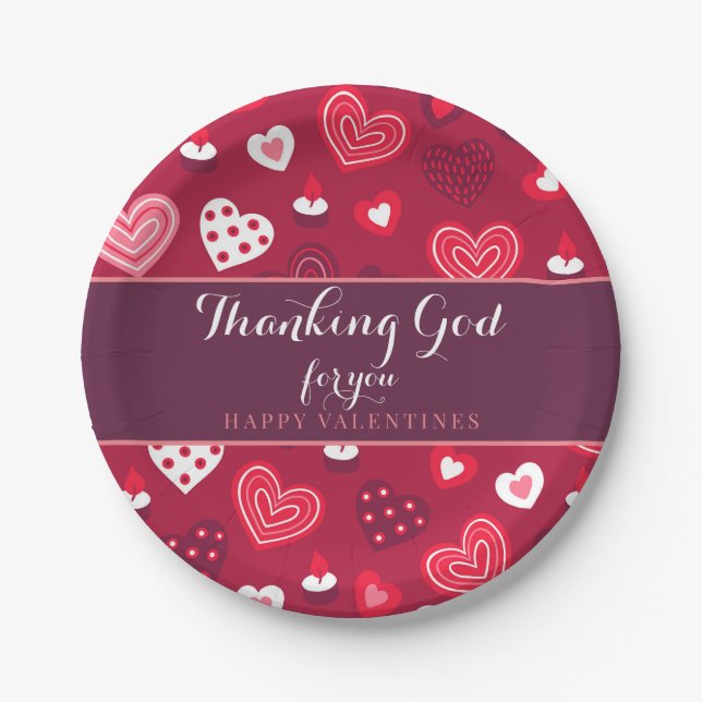 Valentines Thanking God for you hearts Paper Plate (Front)