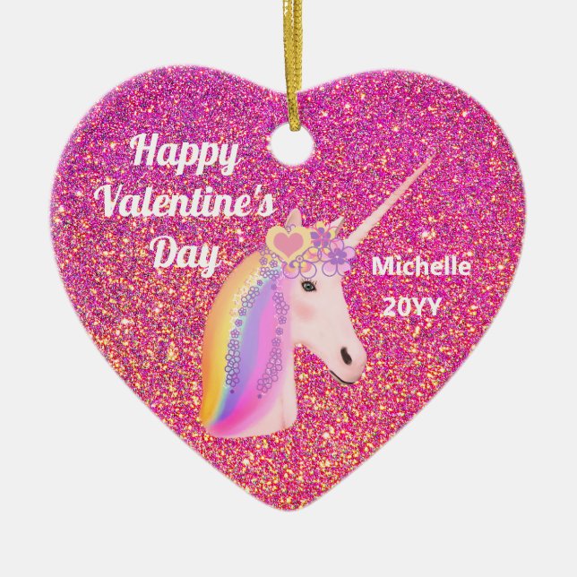 Valentines Unicorn Pink Glitter Personalized Ceramic Tree Decoration (Front)