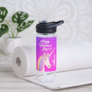 Valentines Unicorn Purple Pink Glitter Monogram Water Bottle