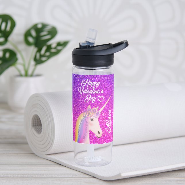Valentines Unicorn Purple Pink Glitter Monogram Water Bottle (Yoga)