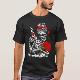 Valentines Woman Skeleton Rose Messy Bun Coffee Wo T-Shirt