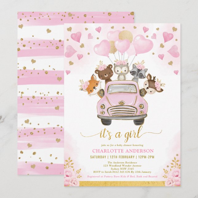 Valentines Woodland Pink Gold Balloons Baby Shower Invitation (Front/Back)