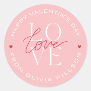 Valentins Day Love Typography Pink White Classic Round Sticker