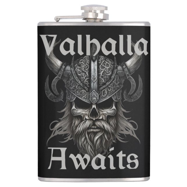  Valhalla Awaits - Skull Hip Flask (Front)