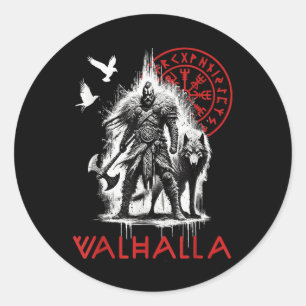 Valhalla Odin Wolf And Raven Viking Runes Norse Co Classic Round Sticker