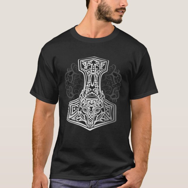 Valhalla Wolf Mask Odin Hammer Norse Runes Viking T-Shirt (Front)