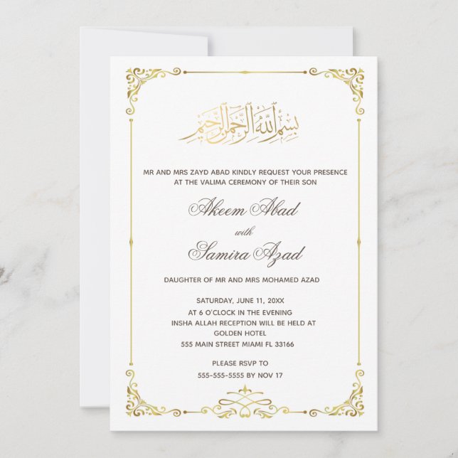 Valima Ceremony Wedding Invitation Gold White (Front)