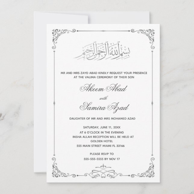 Valima Ceremony Wedding Invitation Silver White (Front)