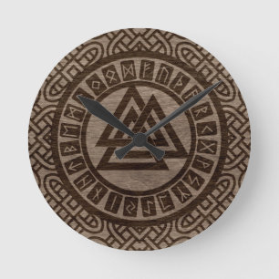 Valknut Symbol and Runes on Celtic Pattern on Wood Round Clock
