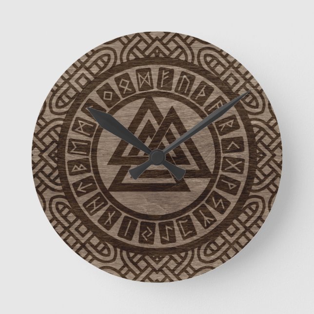 Valknut Symbol and Runes on Celtic Pattern on Wood Round Clock (Front)
