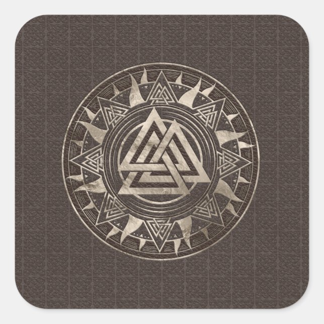 Valknut Symbol  - Brown Leather and gold Square Sticker (Front)