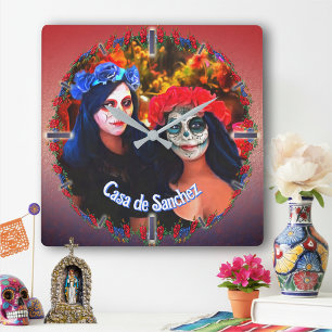 Vallarta Catrinas with Flowers & Candles 1718 Square Wall Clock