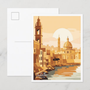 Valletta Malta Art Travel Vintage illustration Postcard