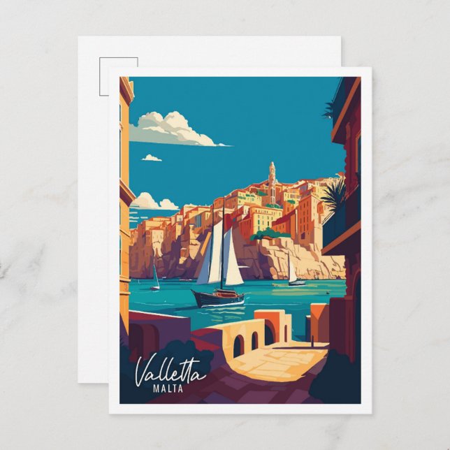 Valletta Malta Art vintage travel illustration Postcard (Front/Back)