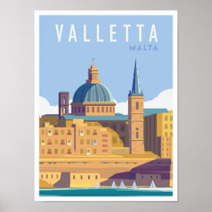 Valletta Malta Art Vintage Travel Illustration Poster
