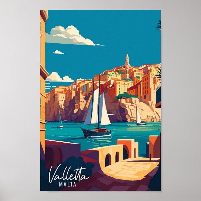 Valletta Malta Art vintage travel illustration Poster (Front)