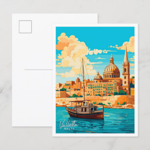 Valletta Malta Travel Vintage illustration Postcard