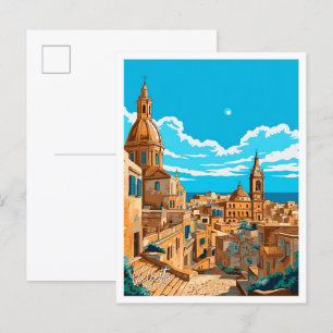 Valletta Malta Travel Vintage illustration Postcard