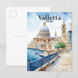 Valletta Malta Watercolor Painting Travel Postcard